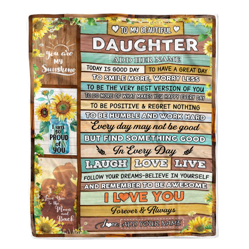 Personalized To My Beautiful Daughter Gifts Blanket From Mom Mother Wood Sunflower Gifts For Daughter Birthday Graduation Christmas Customized Fleece Blanket | teecentury