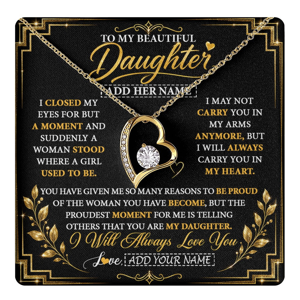 Forever Love Necklace 18K Yellow Gold Finish | 1 | Personalized To My Beautiful Daughter Gifts From Mom Dad Pendant Necklace I Close My Eyes Daughter Birthday Gifts Christmas Graduation Gift Box Message Card | https://teecentury.
