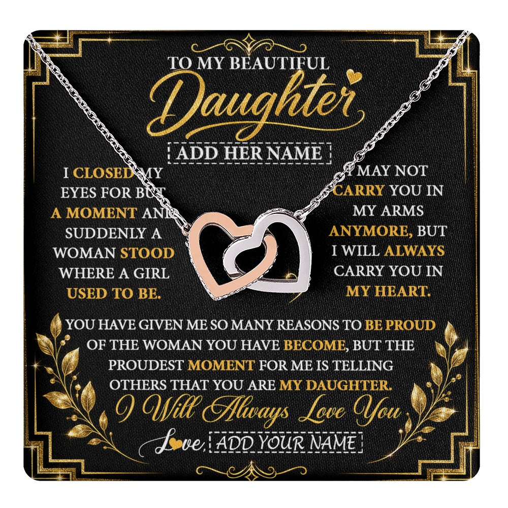 Interlocking Hearts Necklace Stainless Steel & Rose Gold Finish | 1 | Personalized To My Beautiful Daughter Gifts From Mom Dad Pendant Necklace I Close My Eyes Daughter Birthday Gifts Christmas Graduation Gift Box Message Card | https://teecentury.