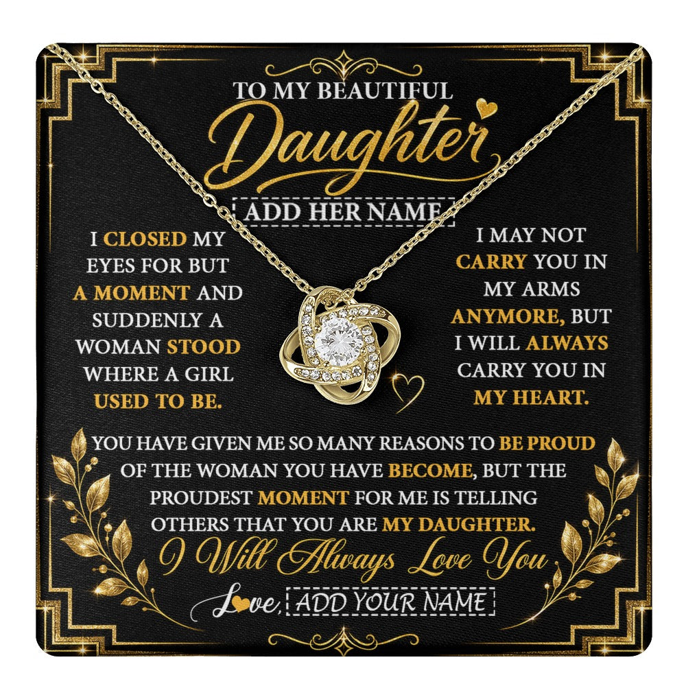 Love Knot Necklace 18K Yellow Gold Finish | 1 | Personalized To My Beautiful Daughter Gifts From Mom Dad Pendant Necklace I Close My Eyes Daughter Birthday Gifts Christmas Graduation Gift Box Message Card | https://teecentury.