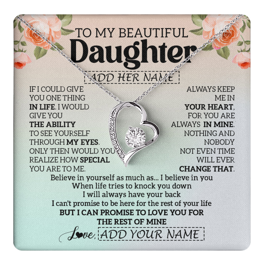 Forever Love Necklace 14K White Gold Finish | 1 | Personalized To My Beautiful Daughter Gifts Necklace From Mom Dad Mother Love Jewelry For Daughter Birthday Christmas Customized Gift Box Message Card | teecentury