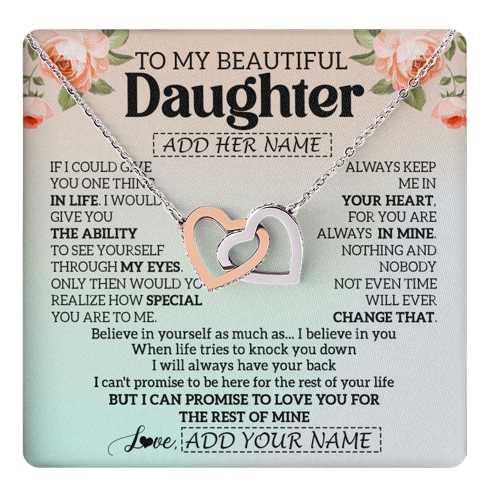 Interlocking Hearts Necklace Stainless Steel & Rose Gold Finish | 1 | Personalized To My Beautiful Daughter Gifts Necklace From Mom Dad Mother Love Jewelry For Daughter Birthday Christmas Customized Gift Box Message Card | teecentury
