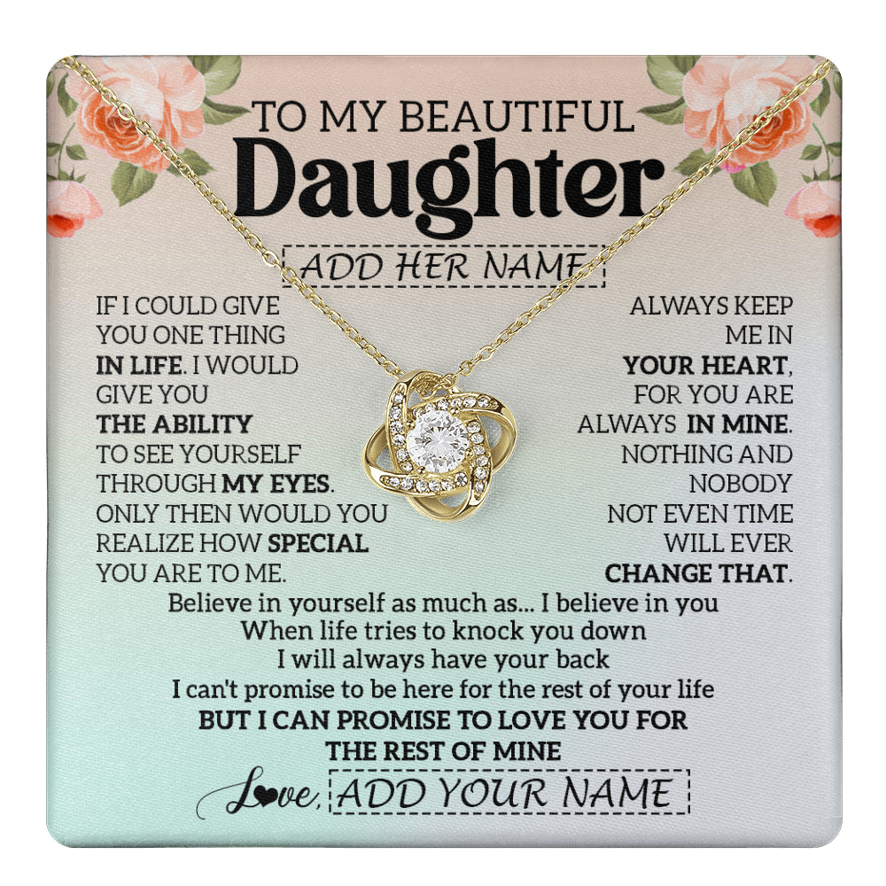 Love Knot Necklace 18K Yellow Gold Finish | 1 | Personalized To My Beautiful Daughter Gifts Necklace From Mom Dad Mother Love Jewelry For Daughter Birthday Christmas Customized Gift Box Message Card | teecentury