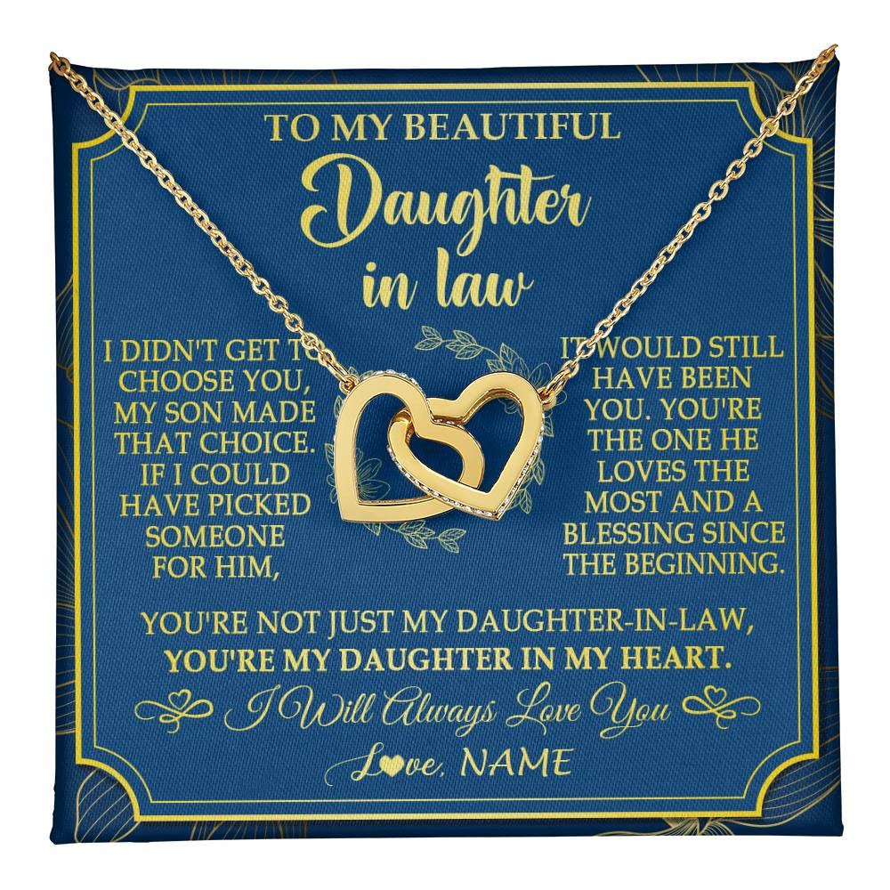 Interlocking Hearts Necklace 18K Yellow Gold Finish | 1 | Personalized To My Beautiful Daughter In Law Necklace From Mother In Law Daughter In My Heart Jewelry Birthday Gifts Christmas Customized Gift Box Message Card | teecentury