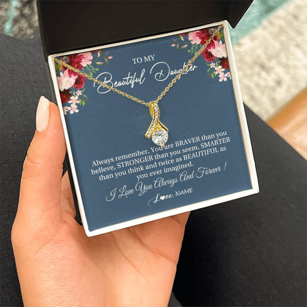 Alluring Beauty Necklace 18K Yellow Gold Finish | Personalized To My Beautiful Daughter Necklace From Dad Mom Braver Stronger Smarter Daughter Jewelry Birthday Graduation Christmas Customized Message Card | teecentury