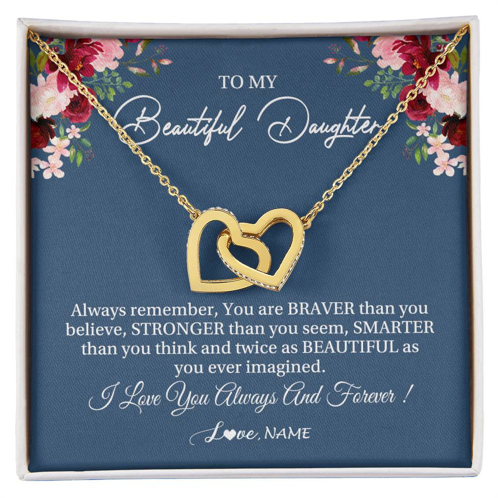 Interlocking Hearts Necklace 18K Yellow Gold Finish | Personalized To My Beautiful Daughter Necklace From Dad Mom Braver Stronger Smarter Daughter Jewelry Birthday Graduation Christmas Customized Message Card | teecentury