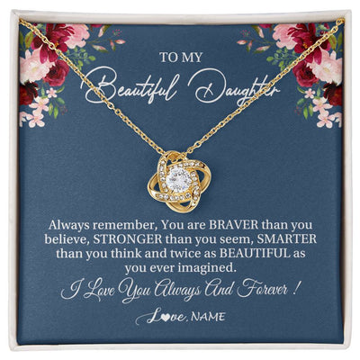 Love Knot Necklace 18K Yellow Gold Finish | Personalized To My Beautiful Daughter Necklace From Dad Mom Braver Stronger Smarter Daughter Jewelry Birthday Graduation Christmas Customized Message Card | teecentury