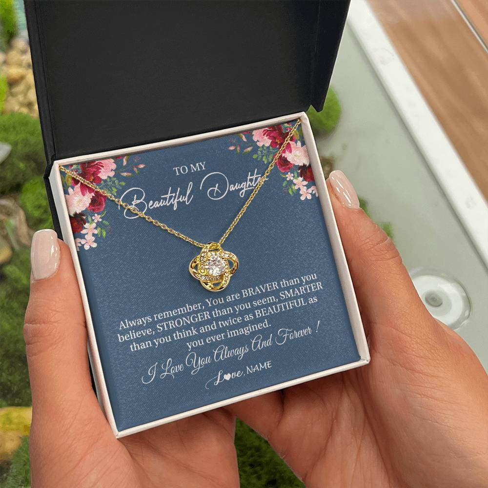 Love Knot Necklace 18K Yellow Gold Finish | Personalized To My Beautiful Daughter Necklace From Dad Mom Braver Stronger Smarter Daughter Jewelry Birthday Graduation Christmas Customized Message Card | teecentury