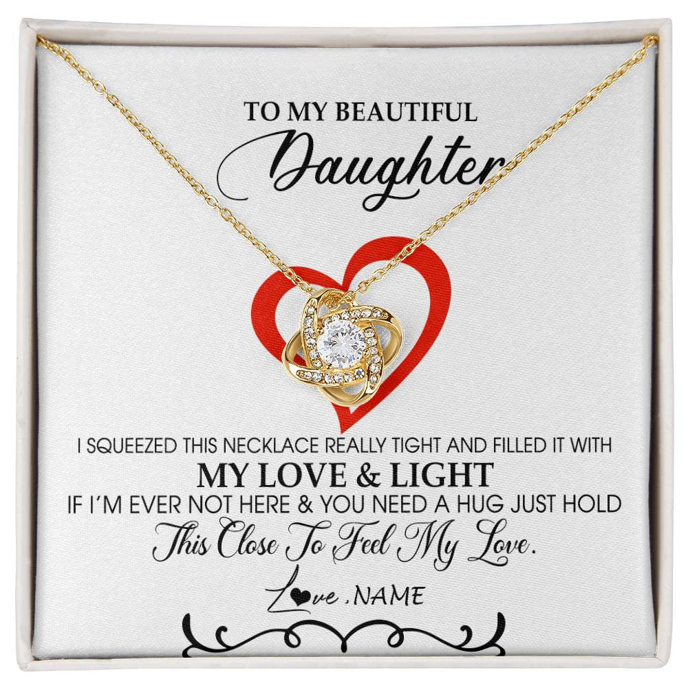 Love Knot Necklace 18K Yellow Gold Finish | Personalized To My Beautiful Daughter Necklace From Dad Mom Filled With My Love and Light Daughter Jewelry Birthday Christmas Customized Message Card | teecentury