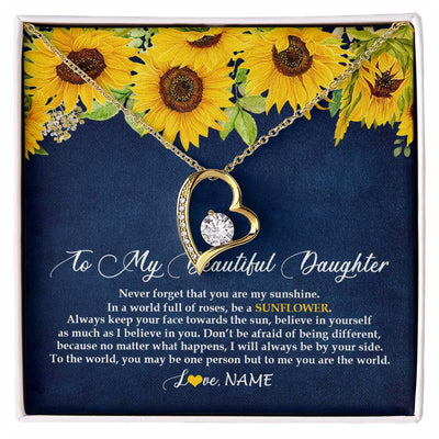Forever Love Necklace 18K Yellow Gold Finish | Personalized To My Beautiful Daughter Necklace From Mom Dad Be A Sunflower My Sunshine Daughter Birthday Christmas Jewelry Customized Gift Box Message Card | teecentury
