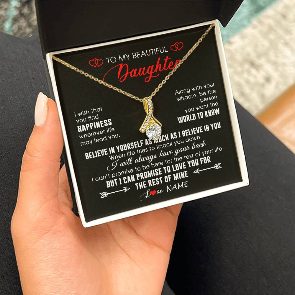 Alluring Beauty Necklace 18K Yellow Gold Finish | Personalized To My Beautiful Daughter Necklace From Mom Dad Happiness Wherever Life Daughter Birthday Graduation Christmas Customized Gift Box Message Card | teecentury