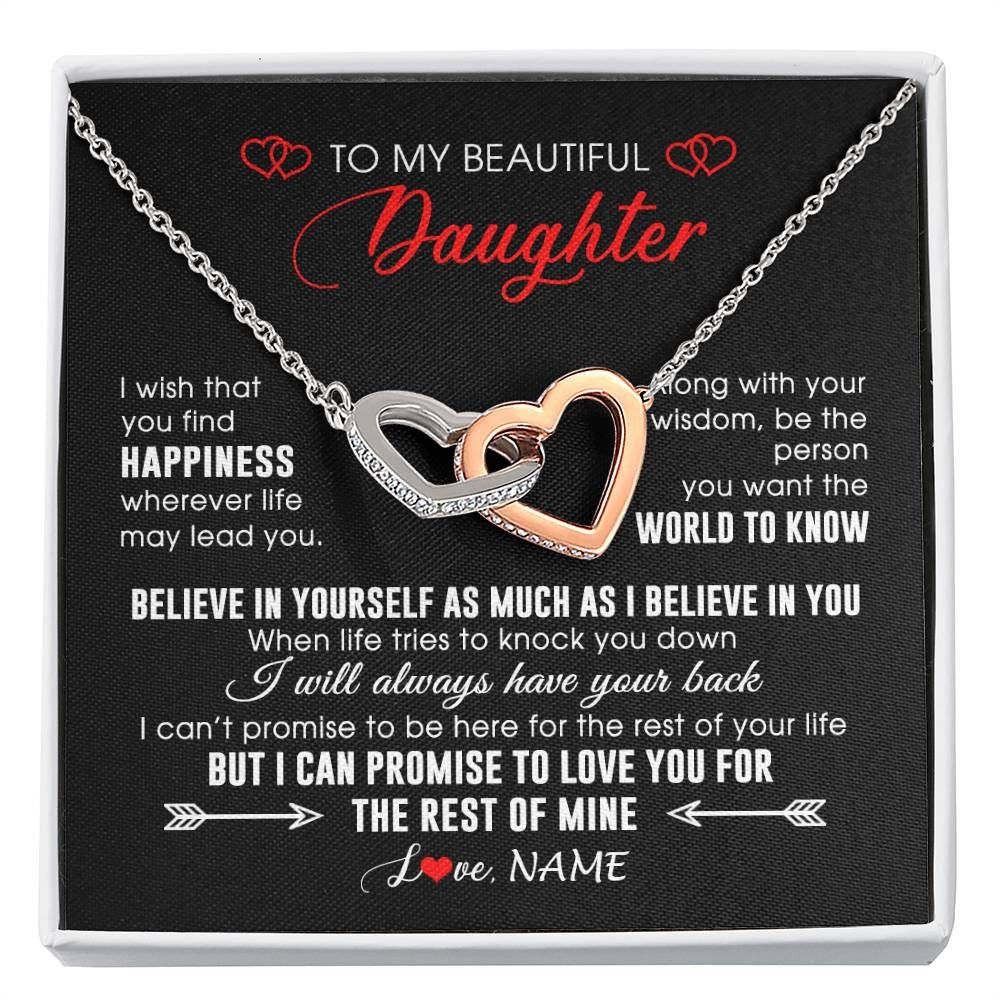 Interlocking Hearts Necklace Stainless Steel & Rose Gold Finish | Personalized To My Beautiful Daughter Necklace From Mom Dad Happiness Wherever Life Daughter Birthday Graduation Christmas Customized Gift Box Message Card | teecentury