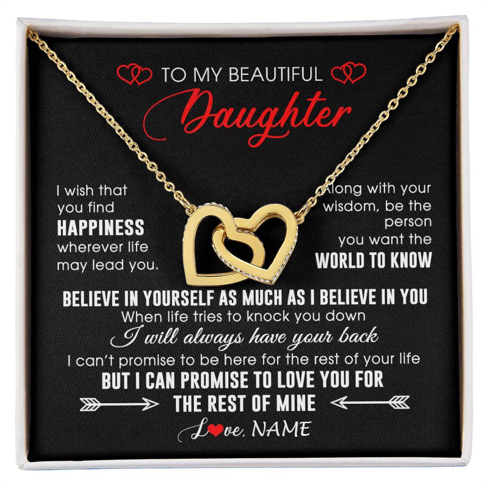 Interlocking Hearts Necklace 18K Yellow Gold Finish | Personalized To My Beautiful Daughter Necklace From Mom Dad Happiness Wherever Life Daughter Birthday Graduation Christmas Customized Gift Box Message Card | teecentury