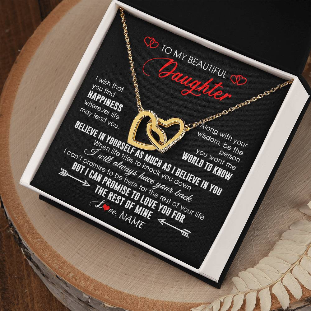 Interlocking Hearts Necklace 18K Yellow Gold Finish | Personalized To My Beautiful Daughter Necklace From Mom Dad Happiness Wherever Life Daughter Birthday Graduation Christmas Customized Gift Box Message Card | teecentury