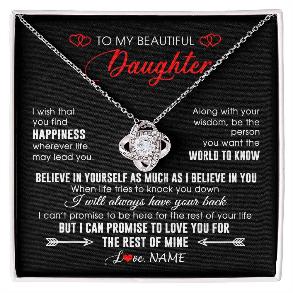 Love Knot Necklace 14K White Gold Finish | Personalized To My Beautiful Daughter Necklace From Mom Dad Happiness Wherever Life Daughter Birthday Graduation Christmas Customized Gift Box Message Card | teecentury
