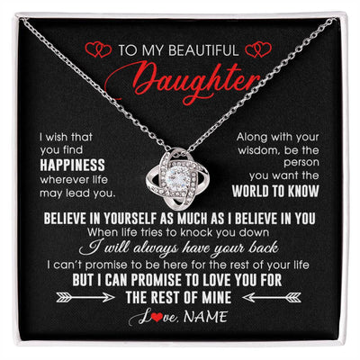 Love Knot Necklace 14K White Gold Finish | Personalized To My Beautiful Daughter Necklace From Mom Dad Happiness Wherever Life Daughter Birthday Graduation Christmas Customized Gift Box Message Card | teecentury