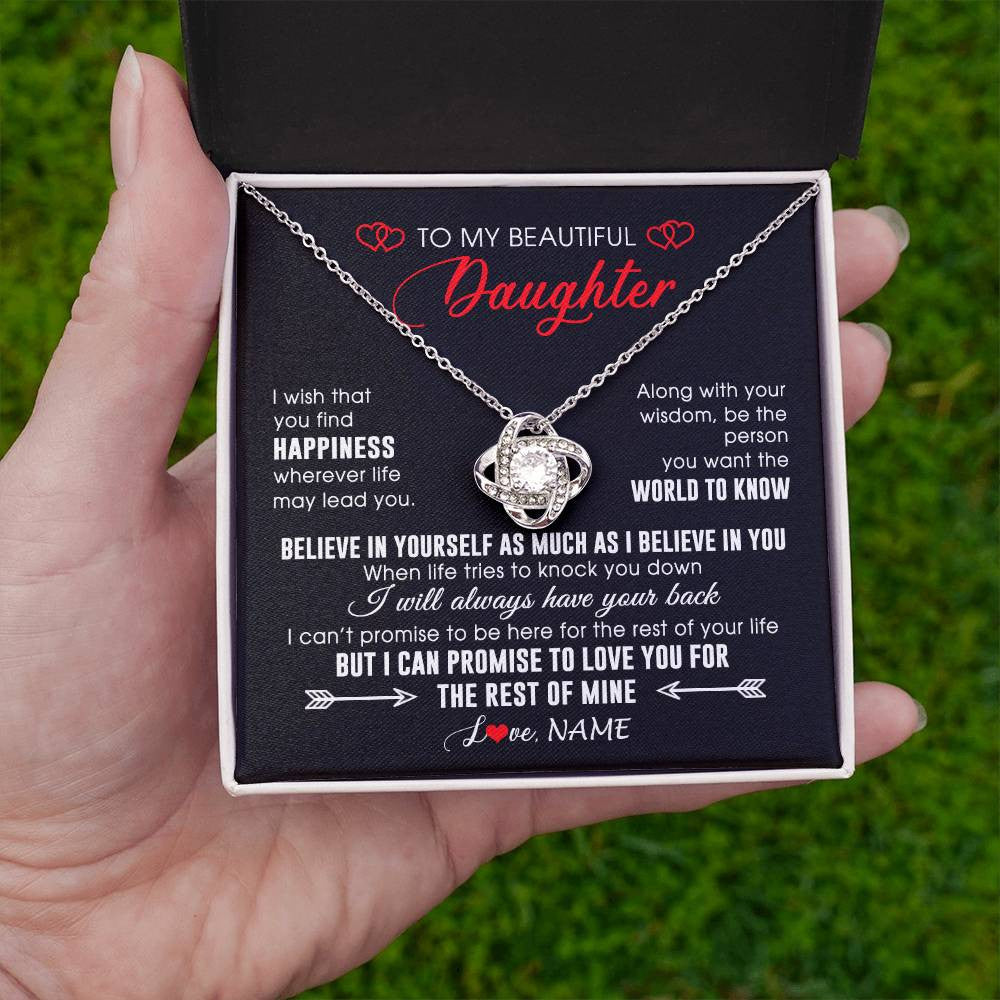 Love Knot Necklace 14K White Gold Finish | Personalized To My Beautiful Daughter Necklace From Mom Dad Happiness Wherever Life Daughter Birthday Graduation Christmas Customized Gift Box Message Card | teecentury