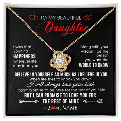 Love Knot Necklace 18K Yellow Gold Finish | Personalized To My Beautiful Daughter Necklace From Mom Dad Happiness Wherever Life Daughter Birthday Graduation Christmas Customized Gift Box Message Card | teecentury