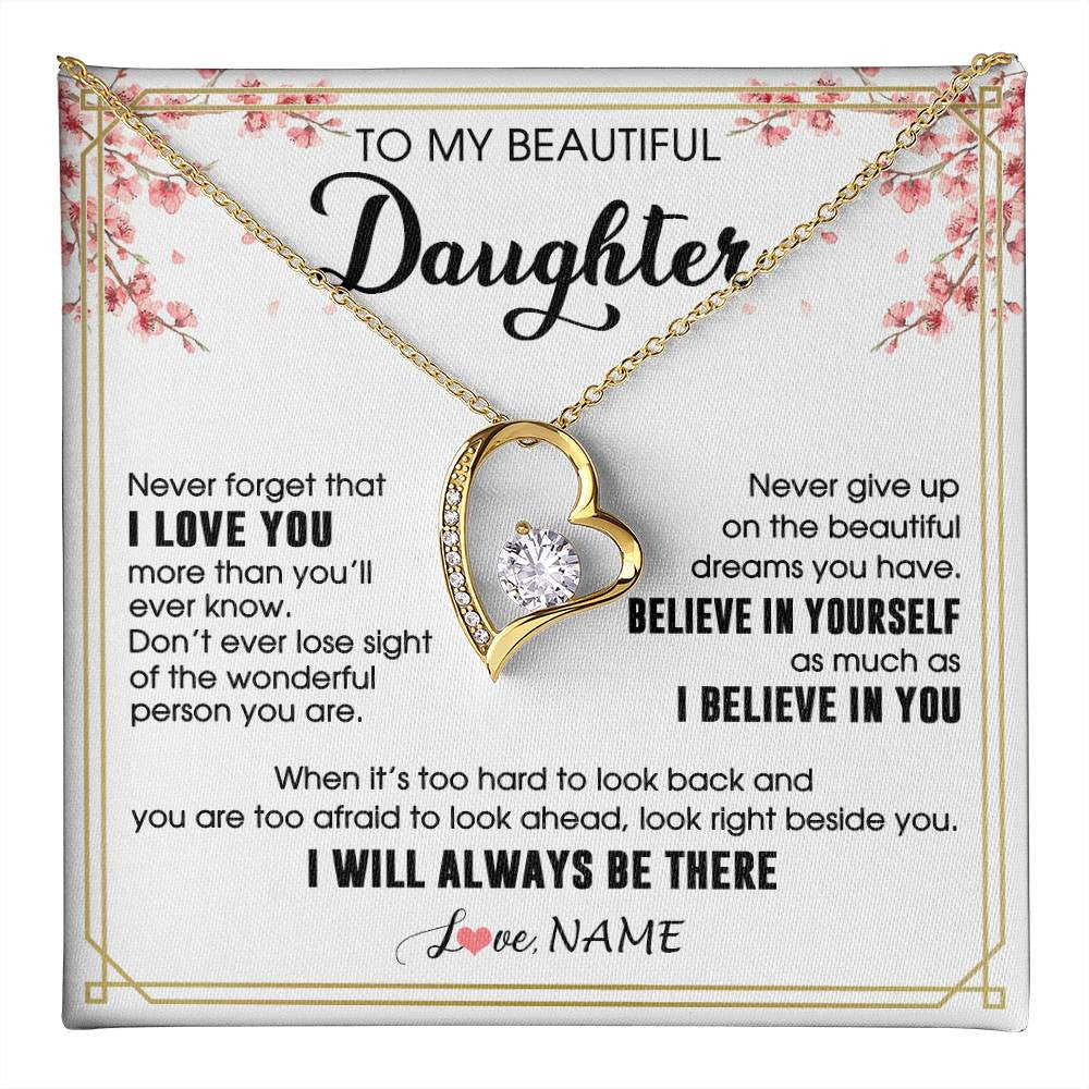 Forever Love Necklace 18K Yellow Gold Finish | 1 | Personalized To My Beautiful Daughter Necklace From Mom Dad I Love You Believe In You Daughter Birthday Gifts Christmas Customized Gift Box Message Card | teecentury