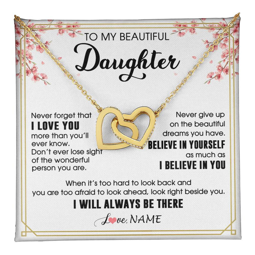 Interlocking Hearts Necklace 18K Yellow Gold Finish | 1 | Personalized To My Beautiful Daughter Necklace From Mom Dad I Love You Believe In You Daughter Birthday Gifts Christmas Customized Gift Box Message Card | teecentury