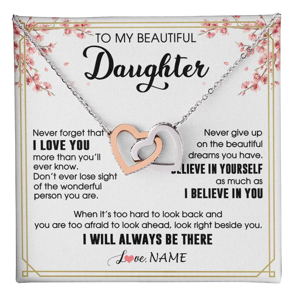 Interlocking Hearts Necklace Stainless Steel & Rose Gold Finish | 1 | Personalized To My Beautiful Daughter Necklace From Mom Dad I Love You Believe In You Daughter Birthday Gifts Christmas Customized Gift Box Message Card | teecentury