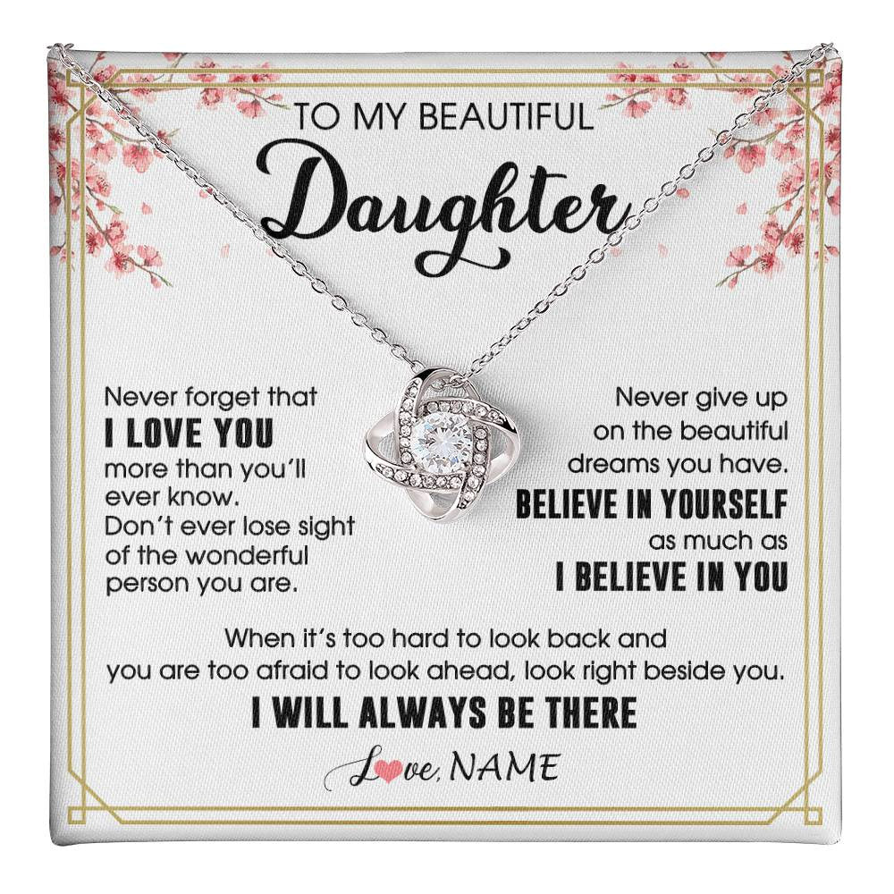 Love Knot Necklace 14K White Gold Finish | 1 | Personalized To My Beautiful Daughter Necklace From Mom Dad I Love You Believe In You Daughter Birthday Gifts Christmas Customized Gift Box Message Card | teecentury