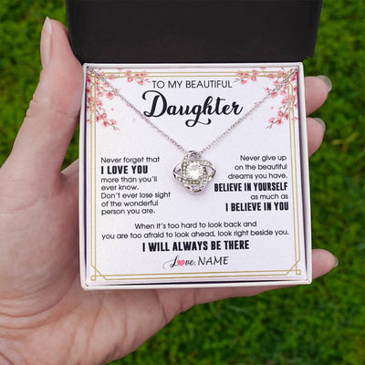 Love Knot Necklace 14K White Gold Finish | 2 | Personalized To My Beautiful Daughter Necklace From Mom Dad I Love You Believe In You Daughter Birthday Gifts Christmas Customized Gift Box Message Card | teecentury