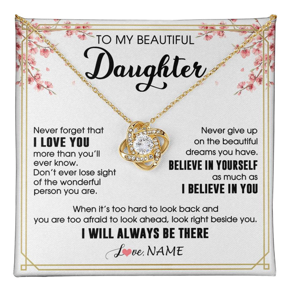 Love Knot Necklace 18K Yellow Gold Finish | 1 | Personalized To My Beautiful Daughter Necklace From Mom Dad I Love You Believe In You Daughter Birthday Gifts Christmas Customized Gift Box Message Card | teecentury
