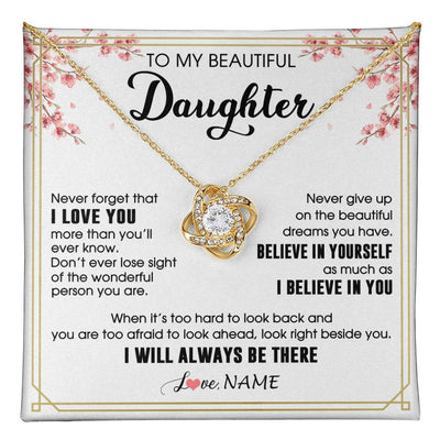 Love Knot Necklace 18K Yellow Gold Finish | 1 | Personalized To My Beautiful Daughter Necklace From Mom Dad I Love You Believe In You Daughter Birthday Gifts Christmas Customized Gift Box Message Card | teecentury
