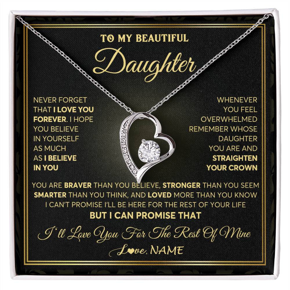 Forever Love Necklace 14K White Gold Finish | 1 | Personalized To My Beautiful Daughter Necklace From Mom Dad Mother I Love You Jewelry Gifts For Daughter Birthday Graduation Christmas Gift Box Message Card | teecentury