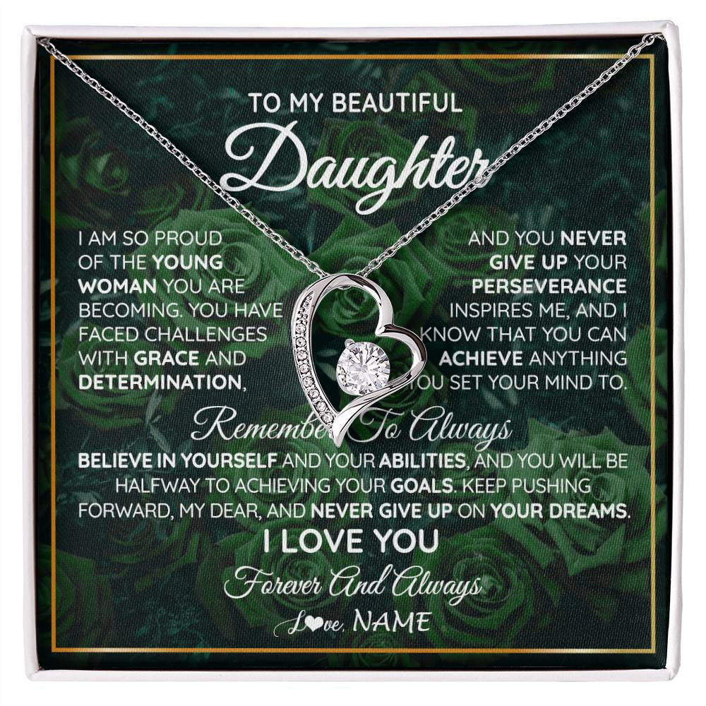 Forever Love Necklace 14K White Gold Finish | Personalized To My Beautiful Daughter Necklace From Mom Dad Mother Never Give Up Birthday Graduation Motivational Quote Customized Gift Box Message Card | teecentury