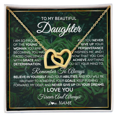 Interlocking Hearts Necklace 18K Yellow Gold Finish | Personalized To My Beautiful Daughter Necklace From Mom Dad Mother Never Give Up Birthday Graduation Motivational Quote Customized Gift Box Message Card | teecentury