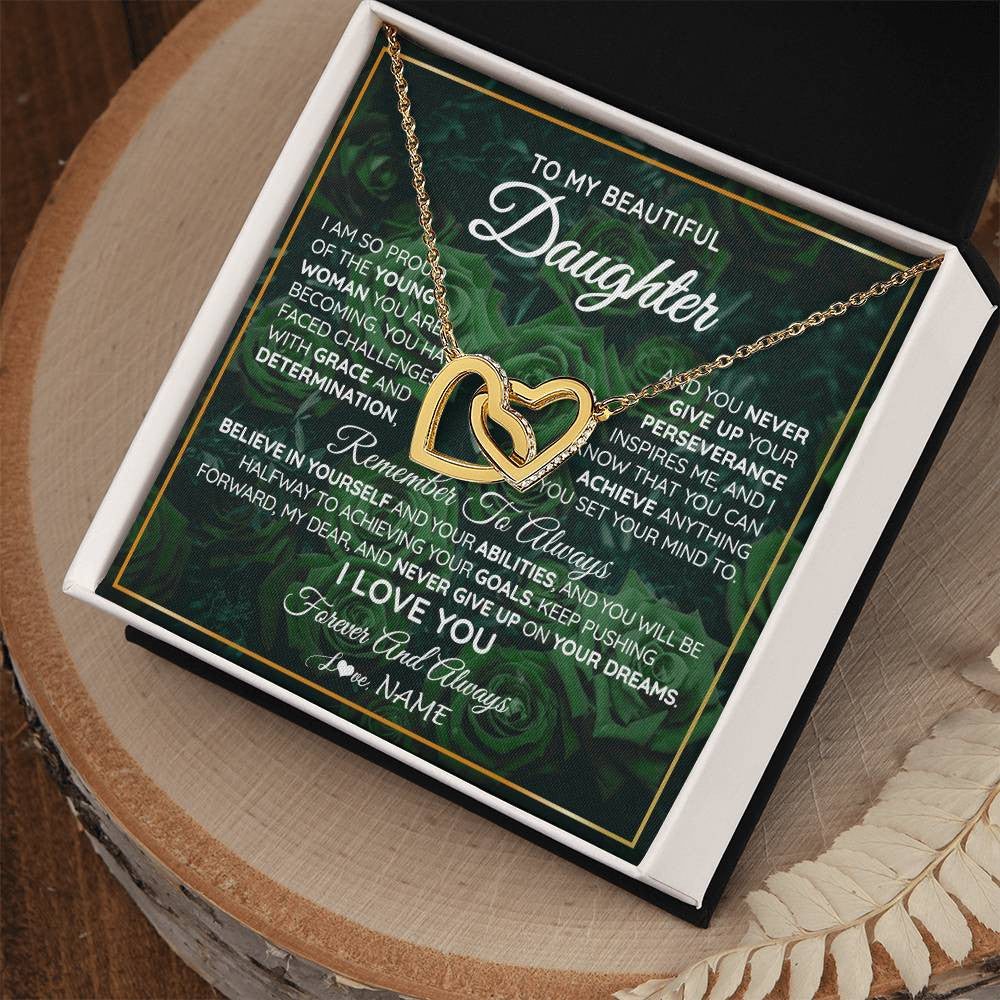 Interlocking Hearts Necklace 18K Yellow Gold Finish | Personalized To My Beautiful Daughter Necklace From Mom Dad Mother Never Give Up Birthday Graduation Motivational Quote Customized Gift Box Message Card | teecentury