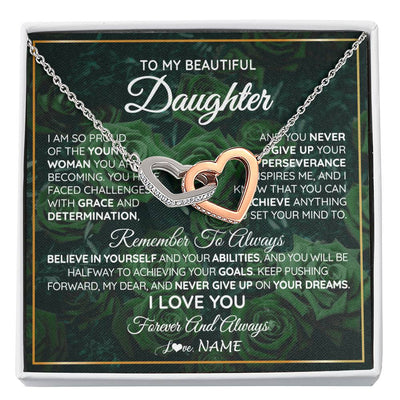 Interlocking Hearts Necklace Stainless Steel & Rose Gold Finish | Personalized To My Beautiful Daughter Necklace From Mom Dad Mother Never Give Up Birthday Graduation Motivational Quote Customized Gift Box Message Card | teecentury