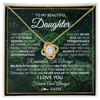 Love Knot Necklace 18K Yellow Gold Finish | Personalized To My Beautiful Daughter Necklace From Mom Dad Mother Never Give Up Birthday Graduation Motivational Quote Customized Gift Box Message Card | teecentury
