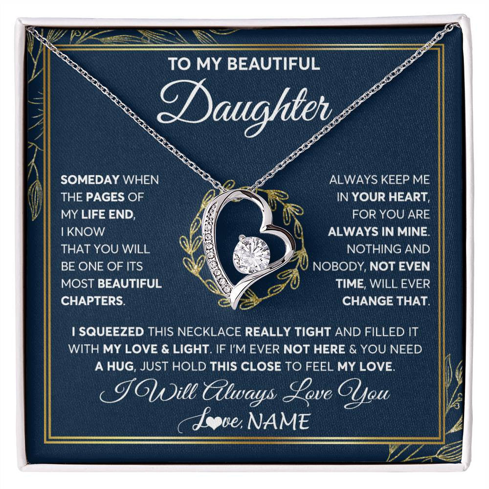 Forever Love Necklace 14K White Gold Finish | Personalized To My Beautiful Daughter Necklace From Mom Dad Mother Someday Daughter Birthday Christmas Jewelry Charm Present Customized Gift Box Message Card | teecentury