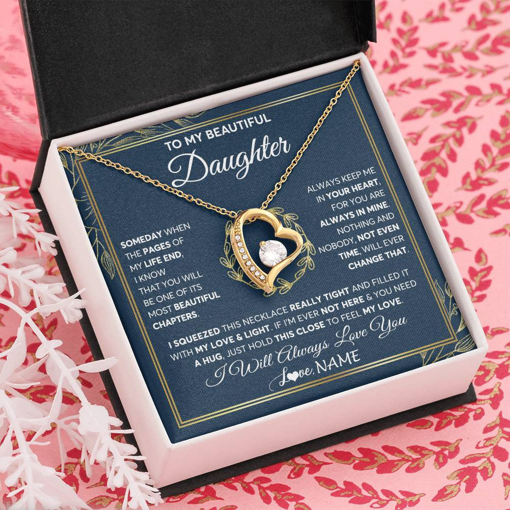 Forever Love Necklace 18K Yellow Gold Finish | Personalized To My Beautiful Daughter Necklace From Mom Dad Mother Someday Daughter Birthday Christmas Jewelry Charm Present Customized Gift Box Message Card | teecentury