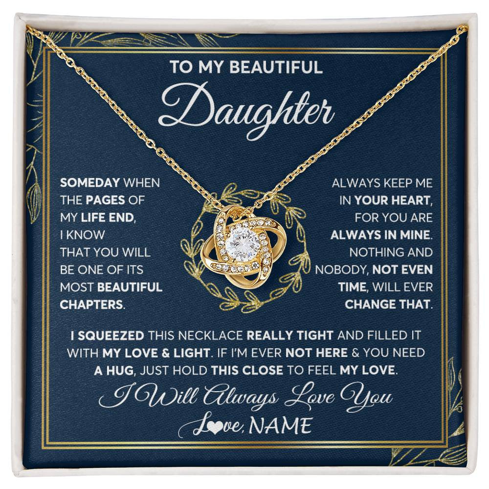 Love Knot Necklace 18K Yellow Gold Finish | Personalized To My Beautiful Daughter Necklace From Mom Dad Mother Someday Daughter Birthday Christmas Jewelry Charm Present Customized Gift Box Message Card | teecentury