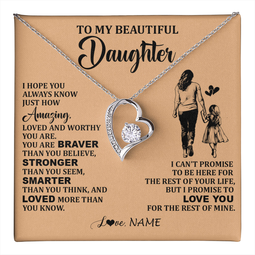 Forever Love Necklace 14K White Gold Finish | 1 | Personalized To My Beautiful Daughter Necklace From Mom Mother Promise To Love You Daughter Birthday Graduation Christmas Customized Gift Box Message Card | teecentury