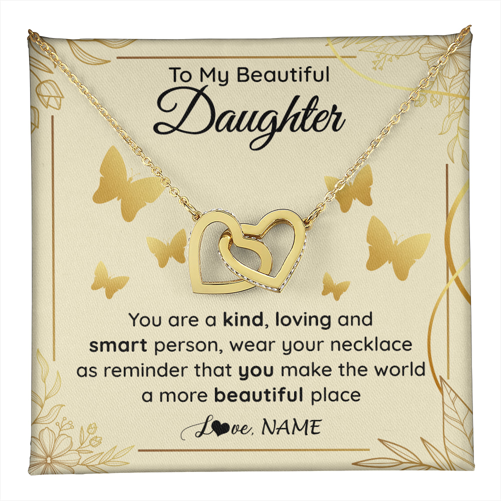 Interlocking Hearts Necklace 18K Yellow Gold Finish | 1 | Personalized To My Beautiful Daughter Necklace From Mom You Are A Kind Loving Daughter Birthday Jewelry Graduation Christmas Customized Gift Box Message Card | teecentury