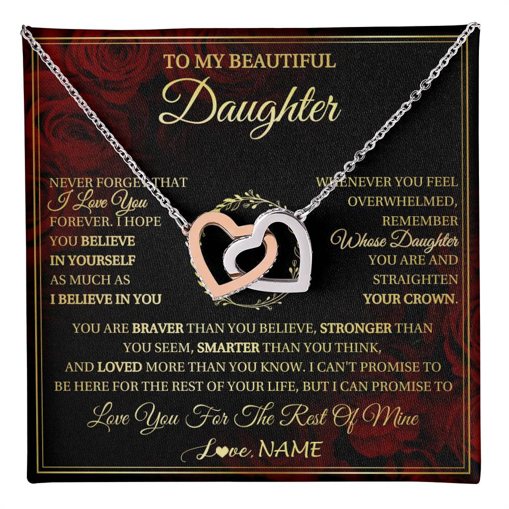 Interlocking Hearts Necklace Stainless Steel & Rose Gold Finish | 1 | Personalized To My Beautiful Daughter Necklace Gift From Mom Dad Mother Father I Love You Daughter Birthday Jewelry Christmas Customized Gift Box Message Card | teecentury