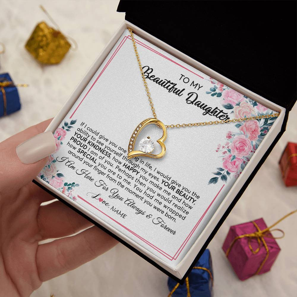Forever Love Necklace 18K Yellow Gold Finish | 2 | Personalized To My Beautiful Daughter Necklace from Mom Dad I Am Here For You Floral Daughter Birthday Graduation Christmas Customized Gift Box Message Card | teecentury