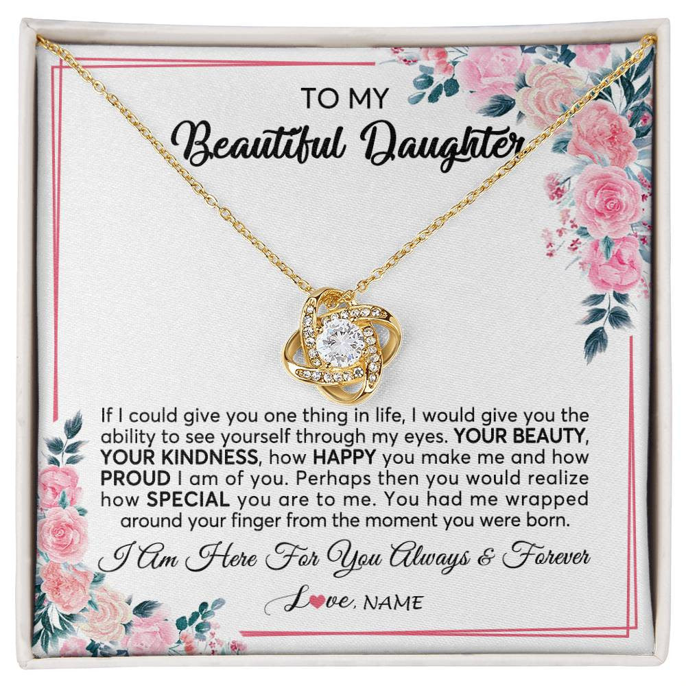 Love Knot Necklace 18K Yellow Gold Finish | 1 | Personalized To My Beautiful Daughter Necklace from Mom Dad I Am Here For You Floral Daughter Birthday Graduation Christmas Customized Gift Box Message Card | teecentury