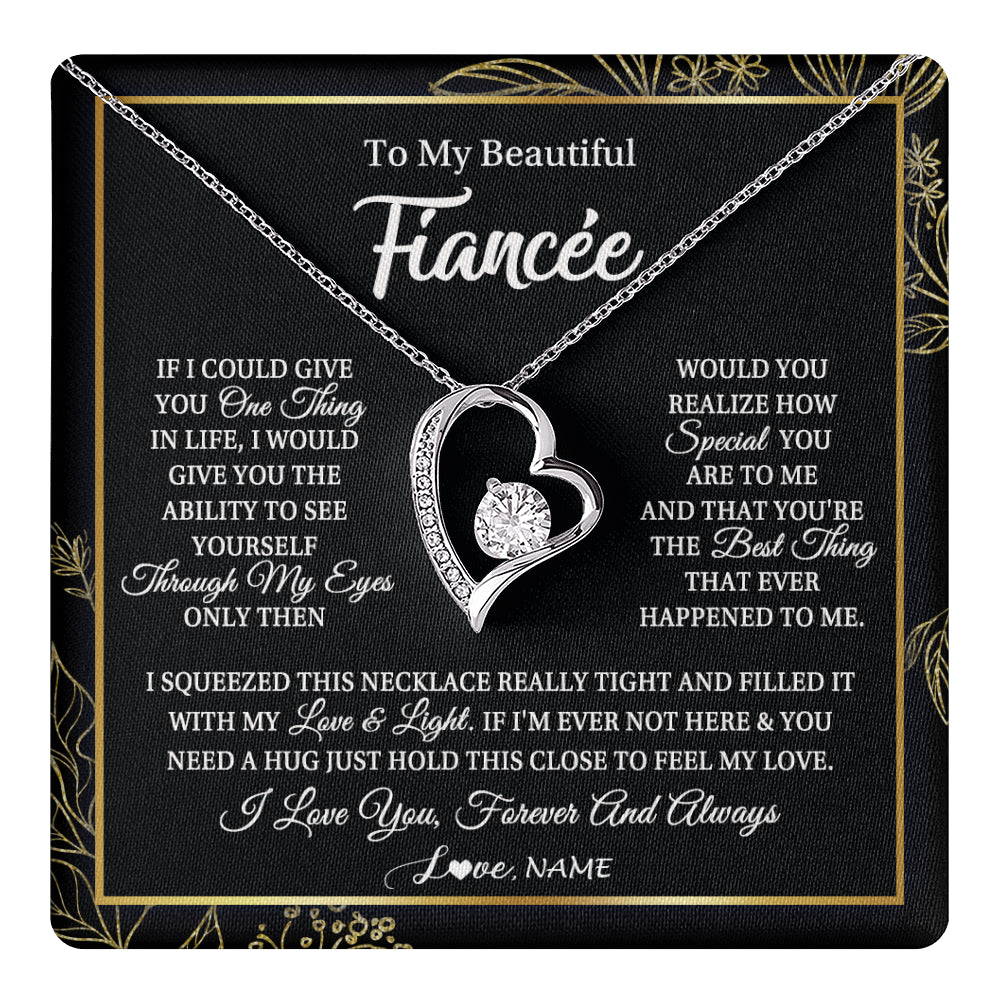 Forever Love Necklace 14K White Gold Finish | 1 | Personalized To My Beautiful Fiancee Necklace From Fiance Feel My Love For Her Fiancee Birthday Anniversary Valentines Day Christmas Customized Message Card | teecentury