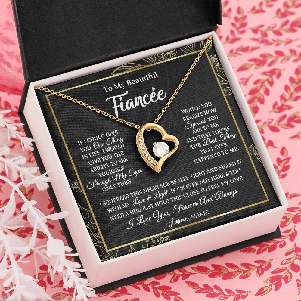 Forever Love Necklace 18K Yellow Gold Finish | Personalized To My Beautiful Fiancee Necklace From Fiance Feel My Love For Her Fiancee Birthday Anniversary Valentines Day Christmas Customized Message Card | teecentury