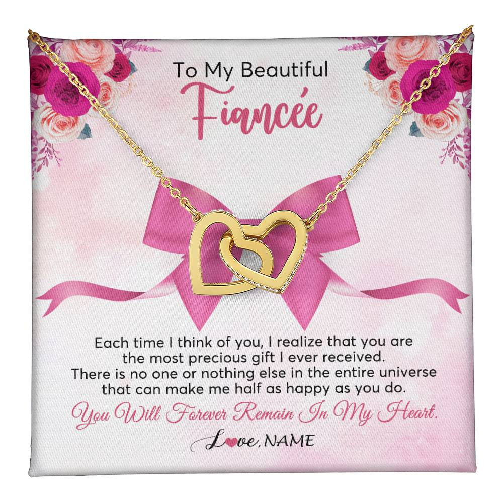 Interlocking Hearts Necklace 18K Yellow Gold Finish | 1 | Personalized To My Beautiful Fiancee Necklace From Fiance Forever In My Heart Fiancee Birthday Valentines Day Christmas Customized Gift Box Message Card | teecentury