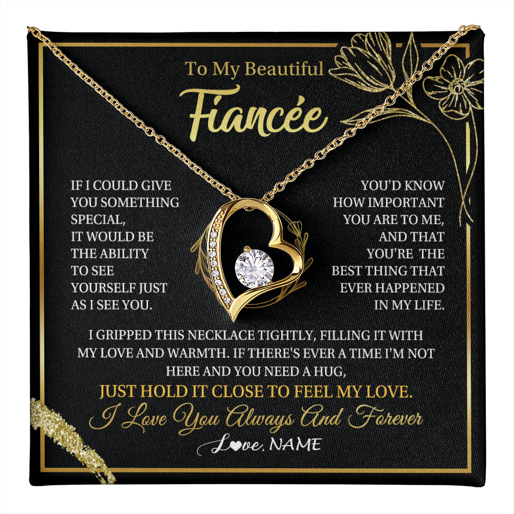 Forever Love Necklace 18K Yellow Gold Finish | 1 | Personalized To My Beautiful Fiancée Necklace From Fiancé My Love Fiancee Birthday Romantic Unique Anniversary Christmas Customized Gift Box Message Card | teecentury