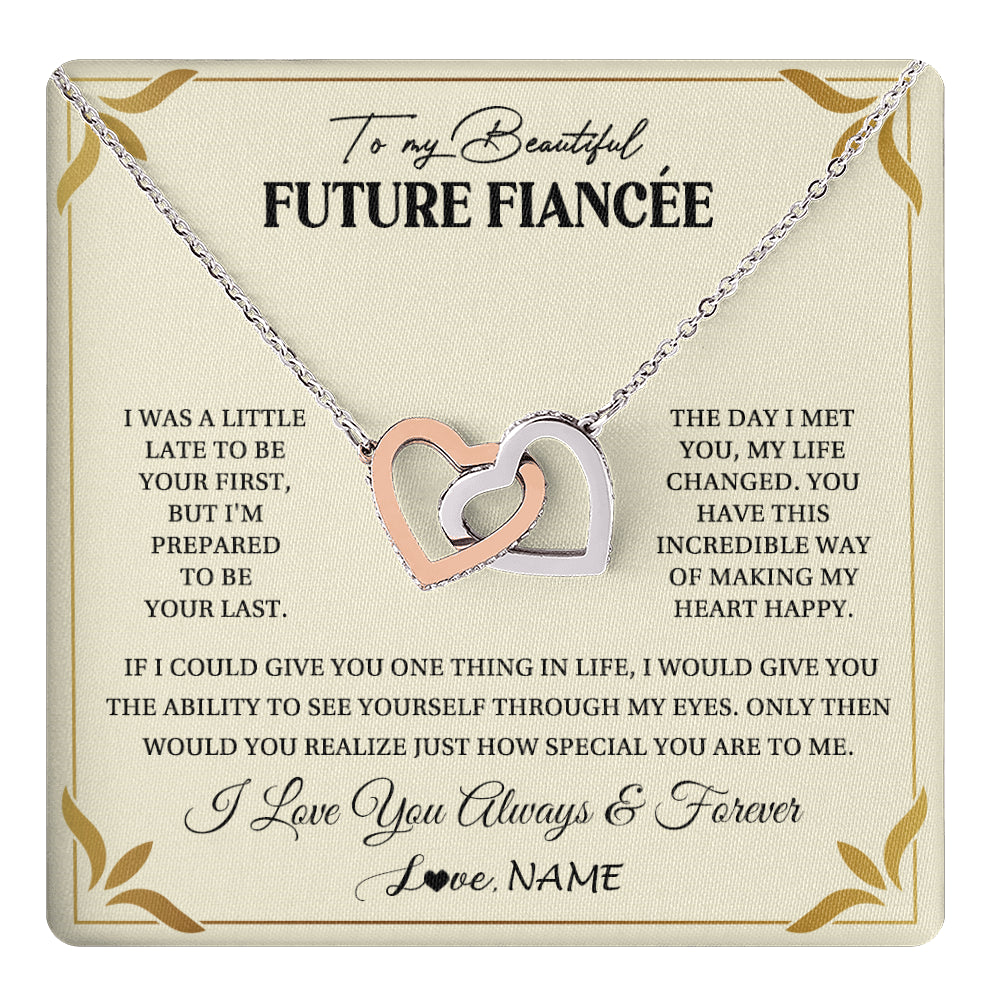 Interlocking Hearts Necklace Stainless Steel & Rose Gold Finish | 1 | Personalized To My Beautiful Fiancee Necklace Gift From Fiance Promise Necklace For Fiancee Birthday Valentines Day Christmas Customized Gift Box Message Card | teecentury