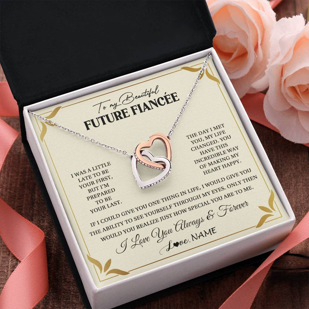 Interlocking Hearts Necklace Stainless Steel & Rose Gold Finish | 2 | Personalized To My Beautiful Fiancee Necklace Gift From Fiance Promise Necklace For Fiancee Birthday Valentines Day Christmas Customized Gift Box Message Card | teecentury