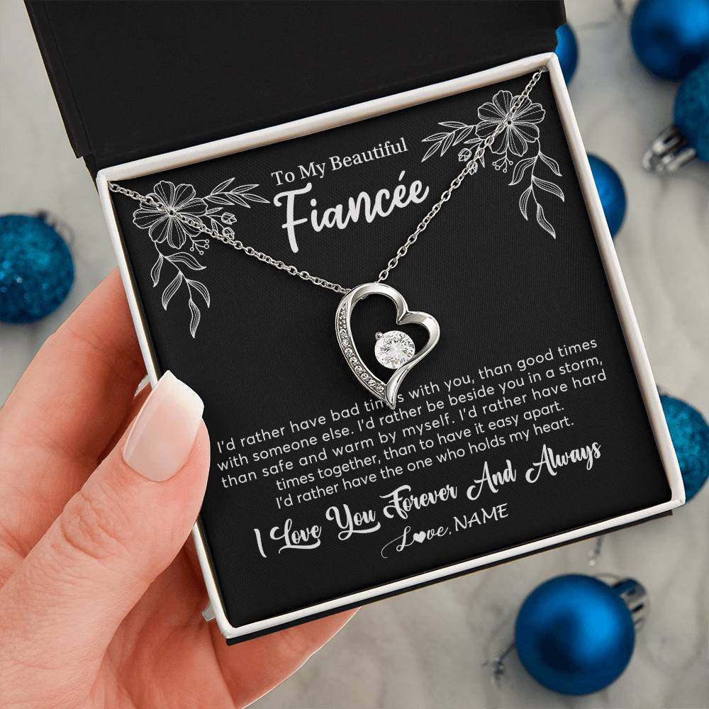 Forever Love Necklace 14K White Gold Finish | 2 | Personalized To My Beautiful Fiancee Necklace Gifts From Fiance I'd Rather Fiancee Birthday Idea Anniversary Valentines Day Customized Gift Box Message Card | teecentury